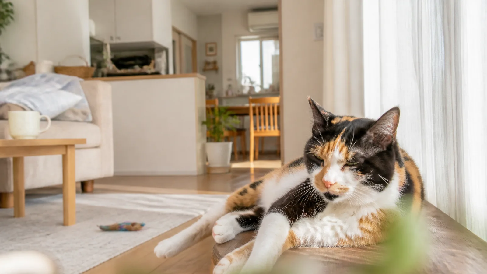 三毛猫。黒・茶・白の3色を持つ毛色は、性染色体の仕組みと深く関わっている