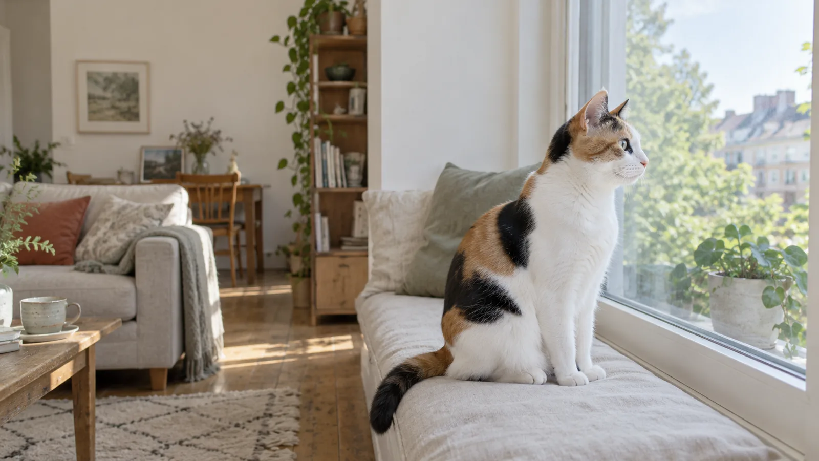 明るい窓辺のクッションに座って窓の外を見る、白・黒・茶の斑がはっきりした三毛の猫