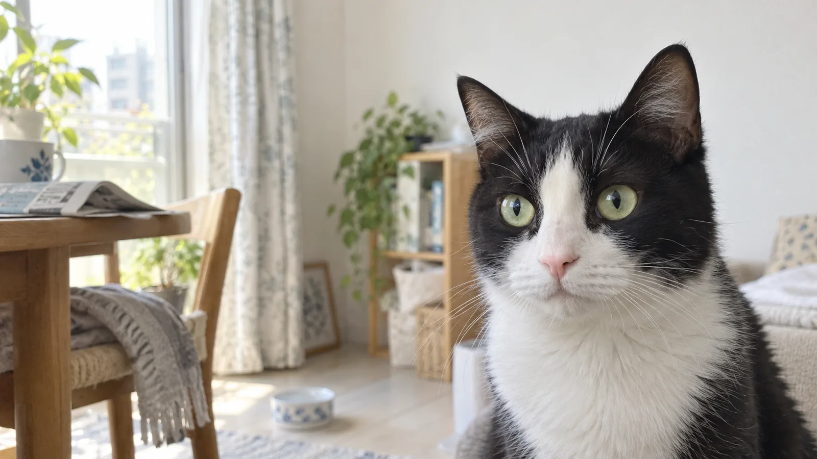 明るい部屋で正面を向いて座る黒白の猫のアップ。額の黒い部分が、鼻筋の白い筋で左右に分かれ、胸も白い