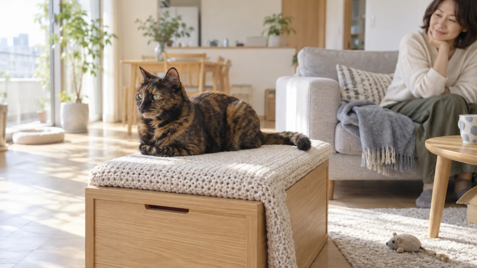 木のチェストのブランケットの上に座る、黒と赤茶が入り混じったサビ猫。奥のソファに人がいる