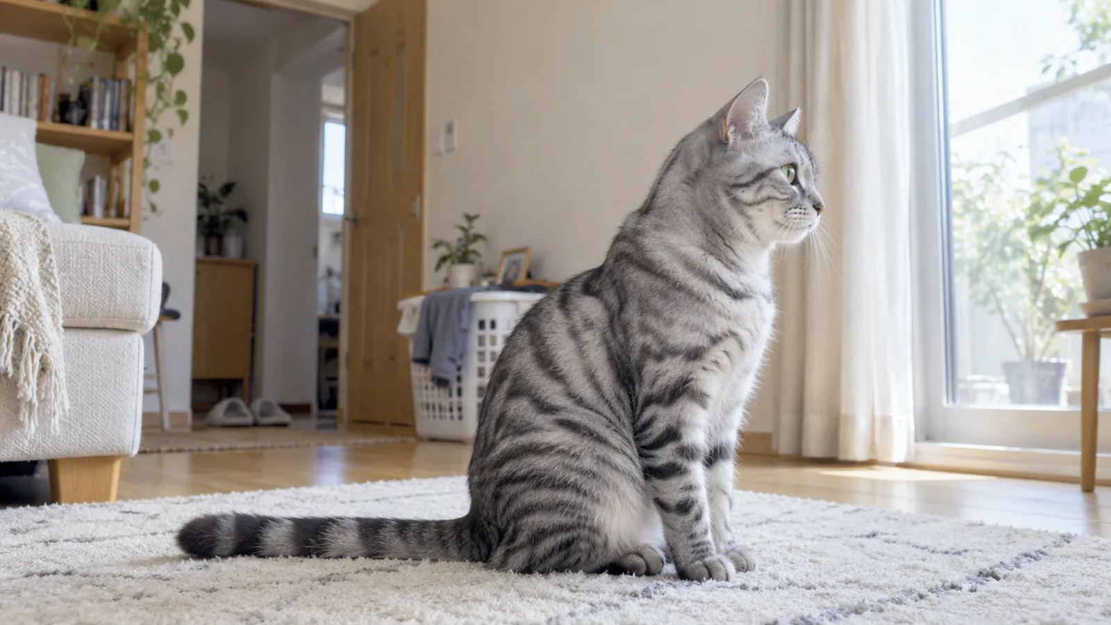 明るいリビングの白いラグに座る、淡い灰色の地に黒い縞が入った猫。体を横に向けて窓のほうを見ている