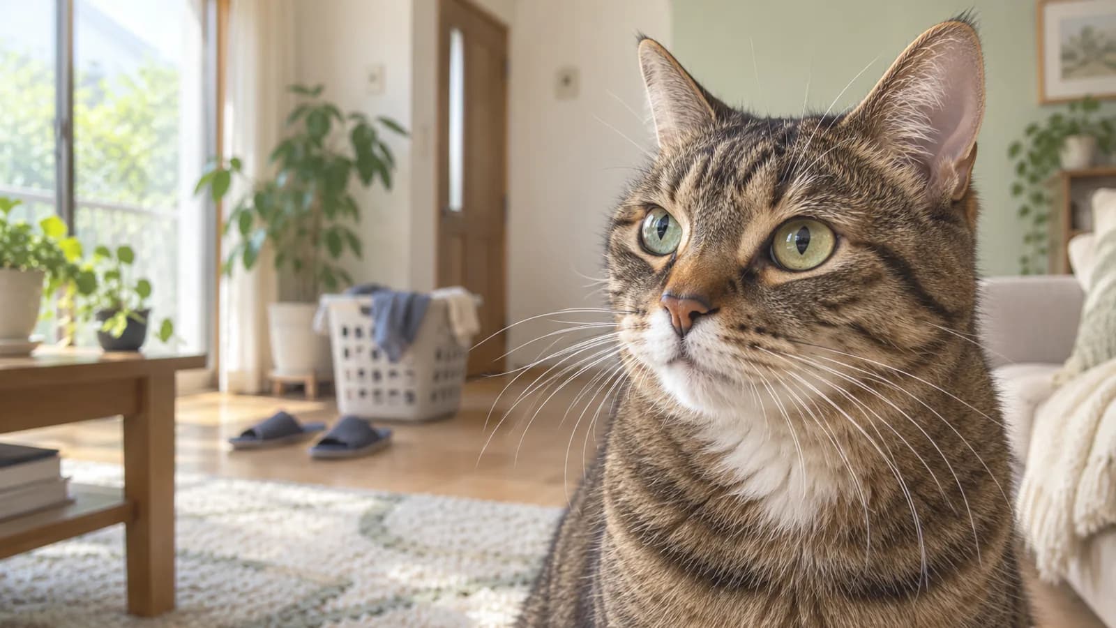 明るいリビングで、顔を少し斜め上に向けたキジトラ白の猫の顔のアップ。顔の左右に長いひげが広がっている
