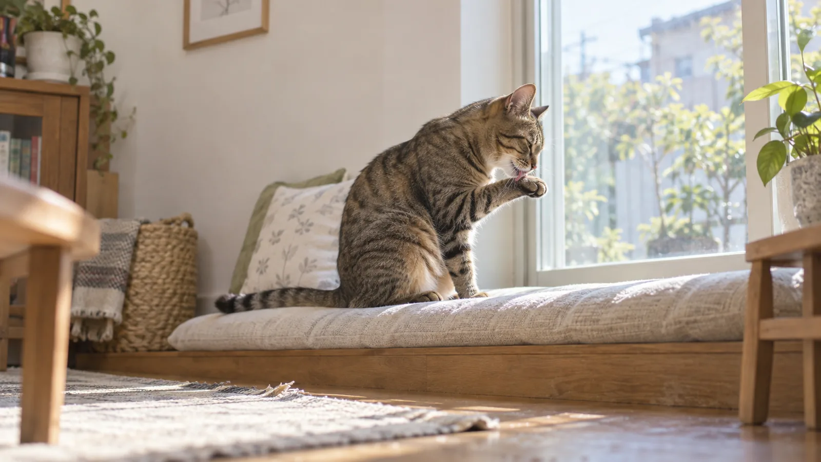 明るい窓辺のクッションの上で、前足をなめて毛づくろいをするキジトラの猫