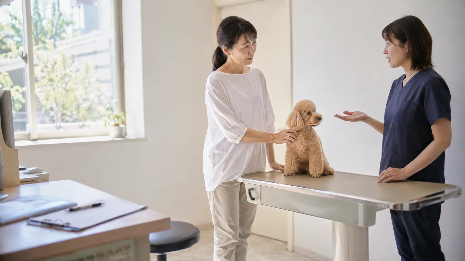動物病院で獣医師の説明を聞く飼い主と犬。健康診断の頻度と結果の残し方を理解する