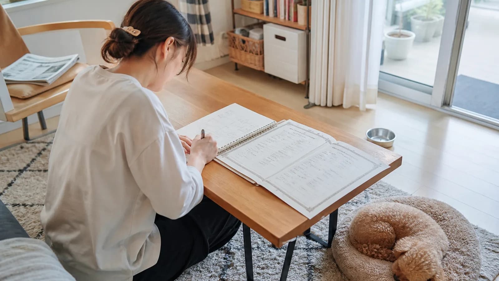 ローテーブルに血統書を開き、ノートに手描きした家系図へ犬名を書き写す女性と、クッションで眠るトイ・プードル