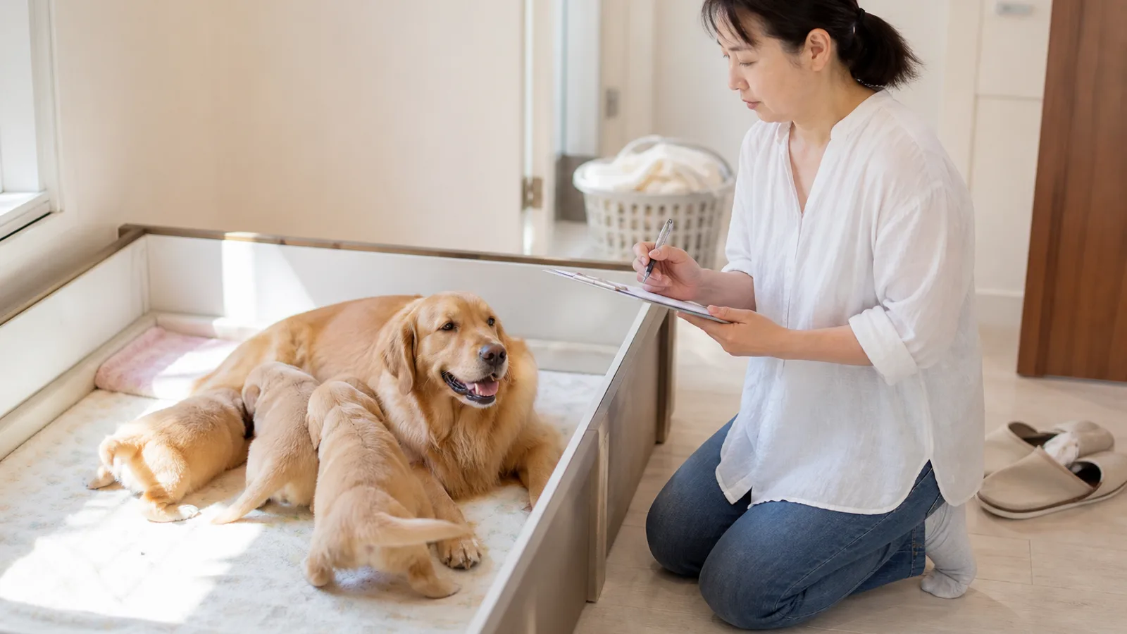 自宅の産箱のそばにひざまずき、クリップボードの用紙に記入する女性と、箱の中で子犬たちと横になるゴールデン・レトリーバー