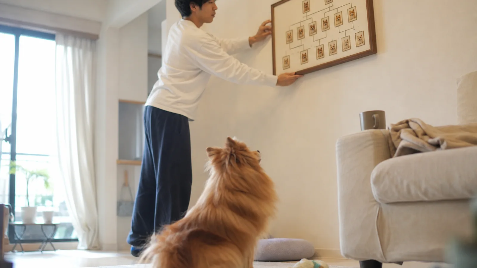 犬の写真を貼った家系図の額をリビングの壁に掛ける男性と、足元から見上げるポメラニアン