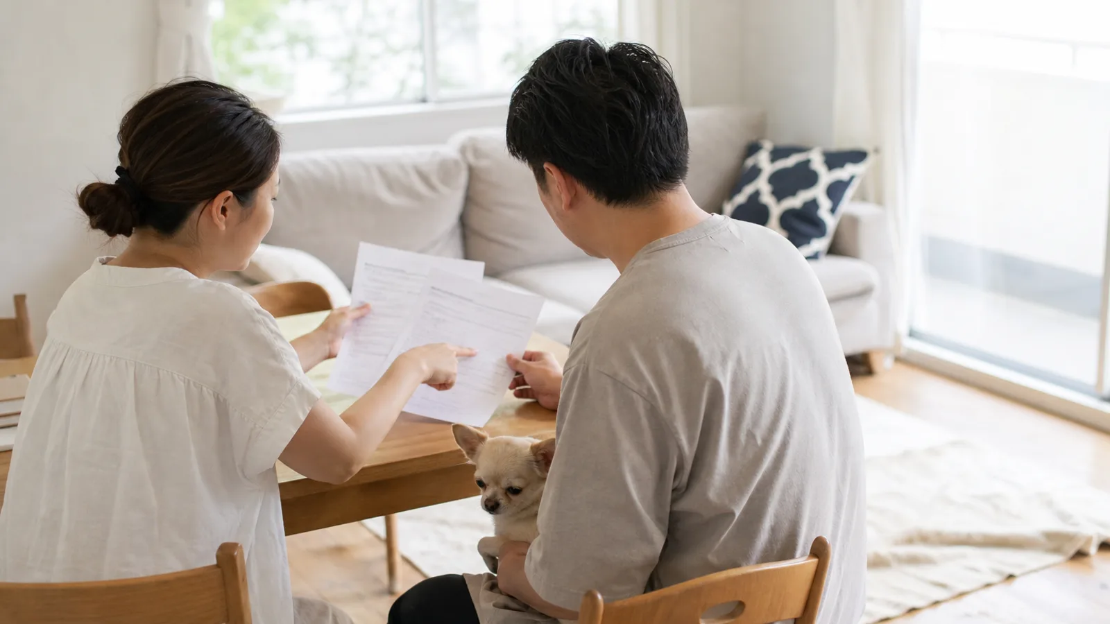 リビングのテーブルでお迎え時の契約書を読み返す夫婦と、夫の膝に座るクリーム色のチワワ