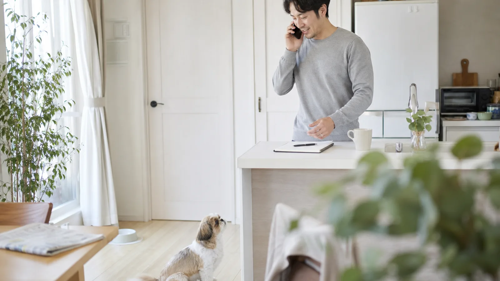 キッチンで電話をかける男性。カウンターにメモ帳とペン、足元にシーズーの子犬