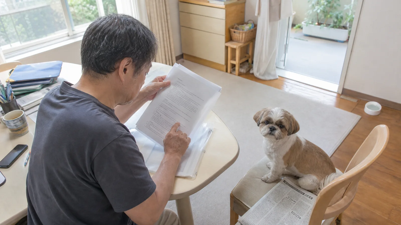 机でクリアファイルから契約書を取り出し、ページを指で追う男性と、隣の椅子に座るシーズー