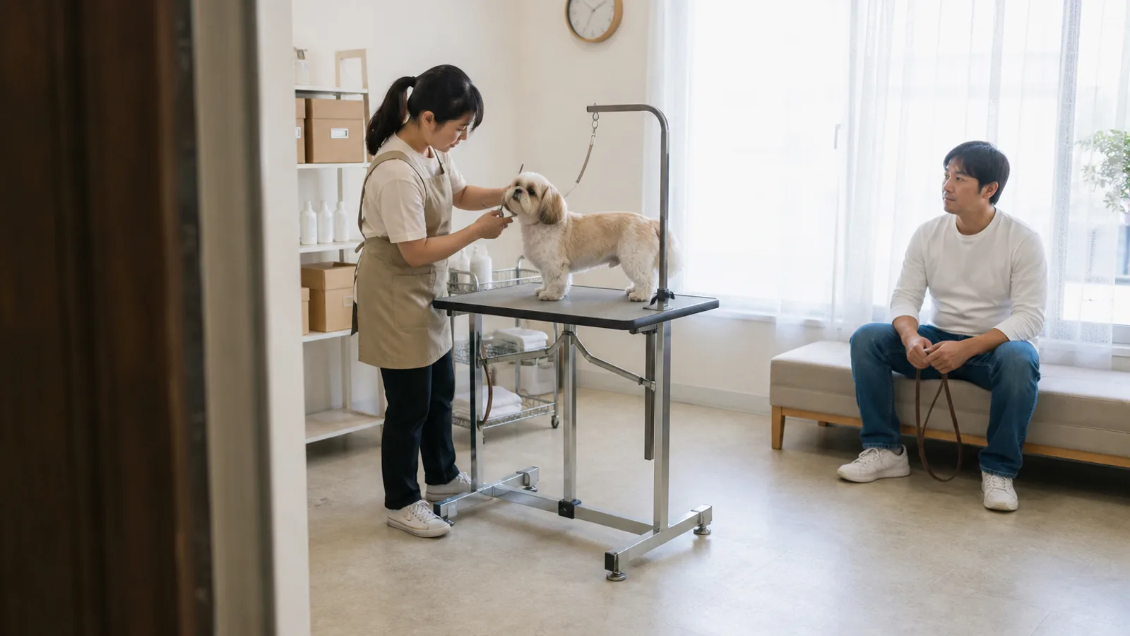 トリミングサロンでシーズーの顔まわりを整えるトリマーと、リードだけを持って待つ飼い主
