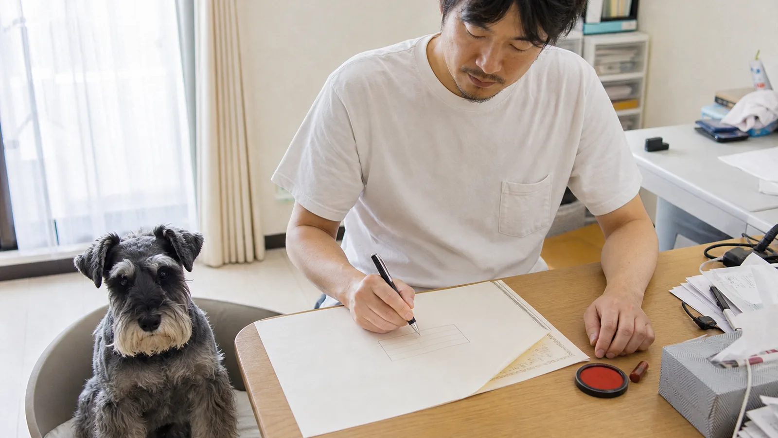机の上で裏返した血統書の、罫線だけの記入欄にペンで書き込む男性。折り返した角から装飾枠のある表面がのぞき、傍らに朱肉と印鑑。隣の椅子にミニチュア・シュナウザー