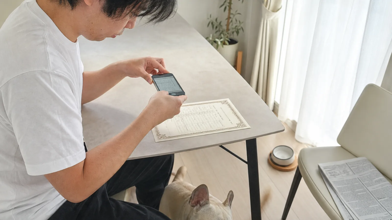 窓際の机に置いた血統書をスマホで真上から撮影する男性と、足元のフレンチ・ブルドッグ