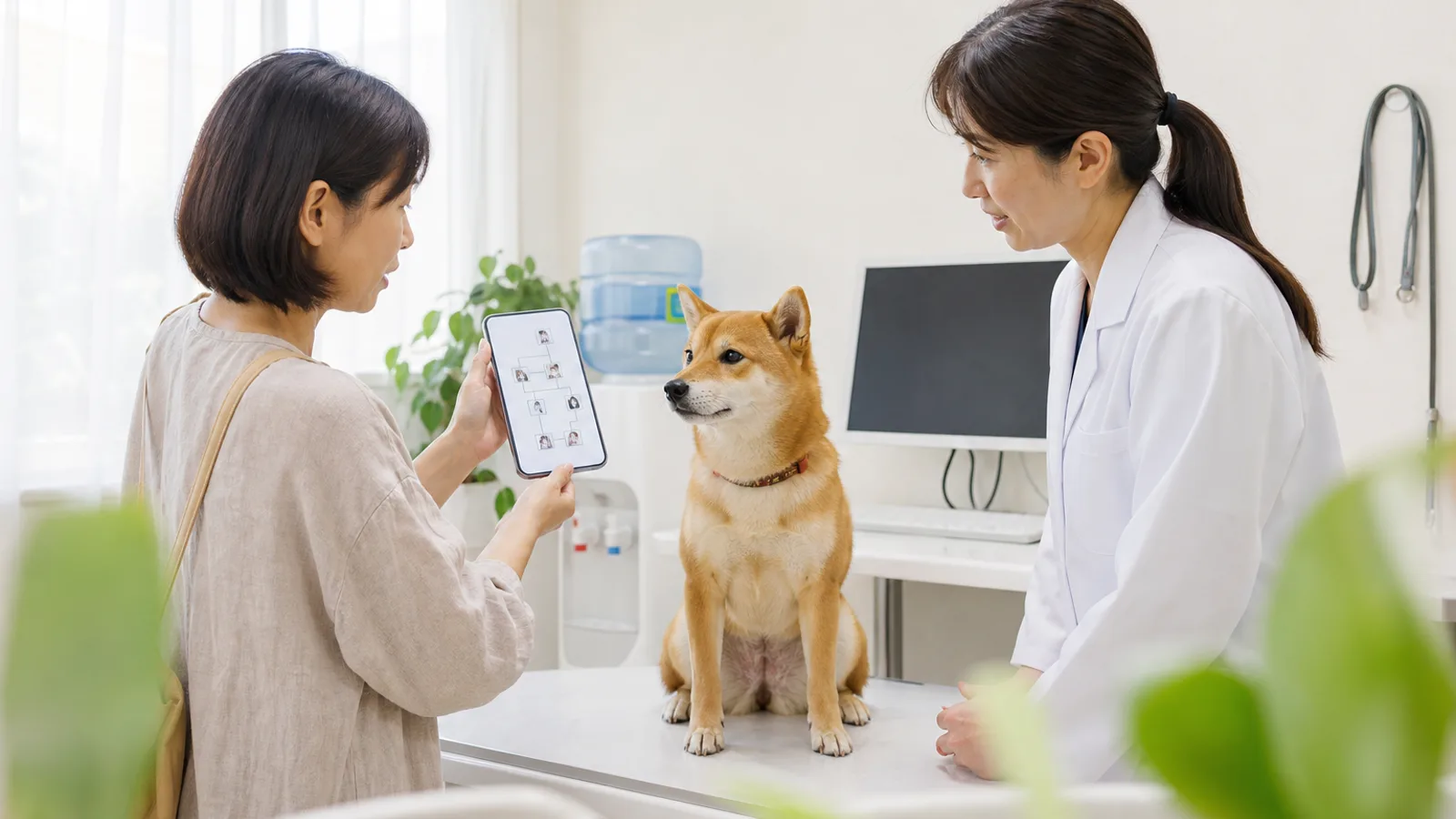 診察室で獣医師にスマホの家系図画面を見せる女性と、診察台に落ち着いて座る柴犬