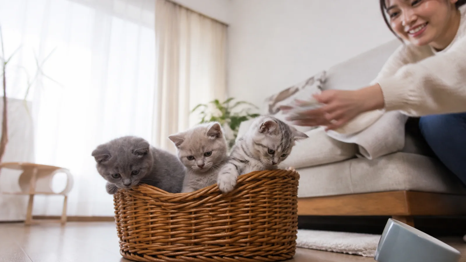 バスケットに並ぶ毛色の違う子猫3頭(ブルー・クリーム・シルバータビー)