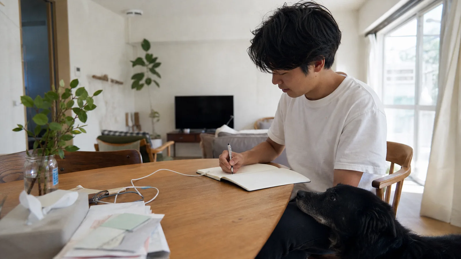机でノートに書き込む男性と、その膝にあごを乗せる黒い雑種犬