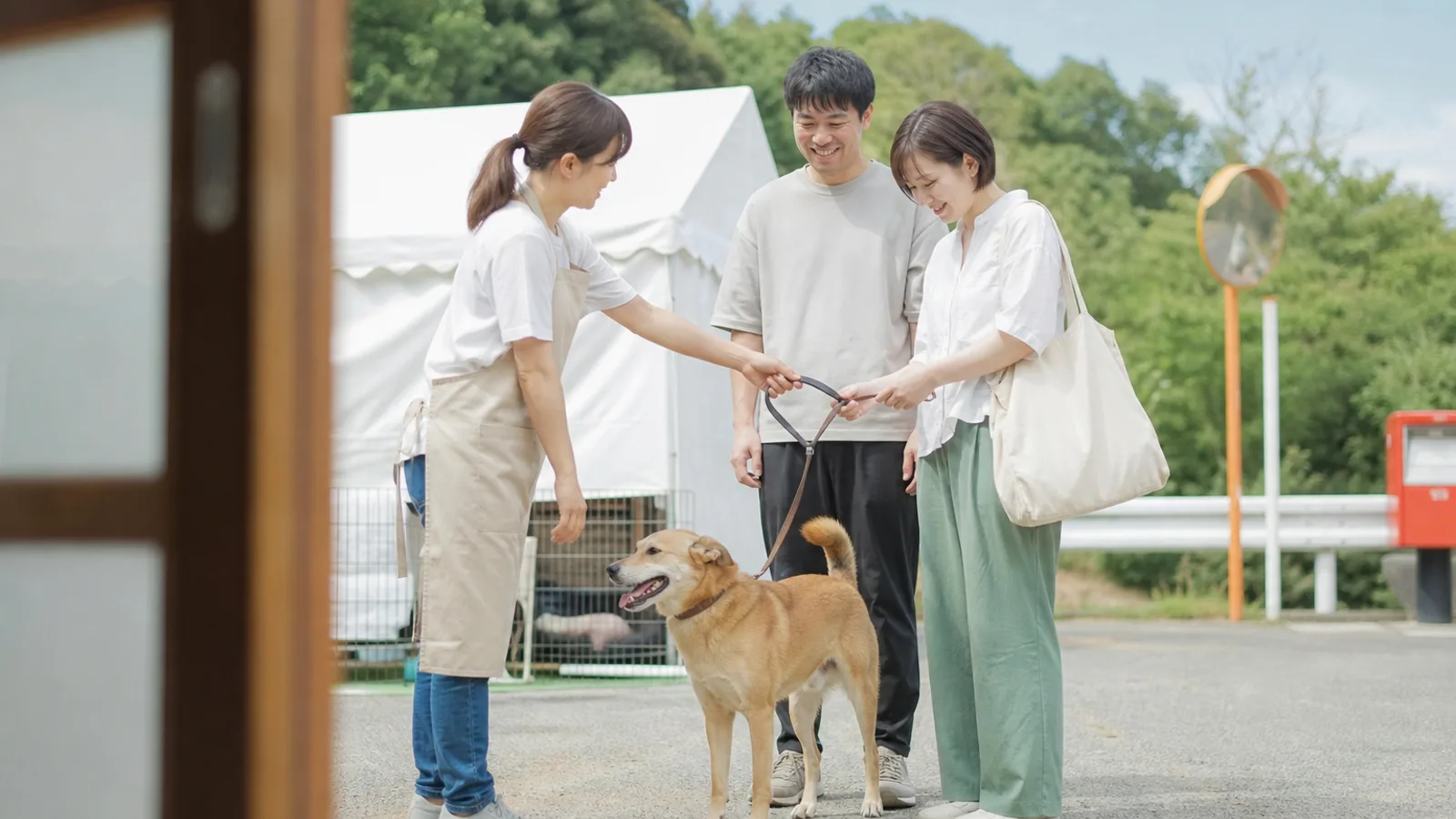 屋外の譲渡会で、スタッフから雑種犬のリードを受け取る夫婦