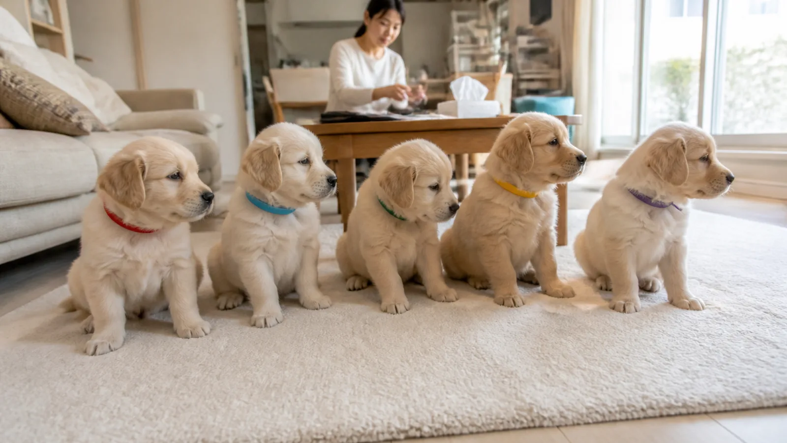 色違いのリボンの首輪をつけてラグに並ぶ、同じ胎のゴールデンレトリーバーの子犬5頭