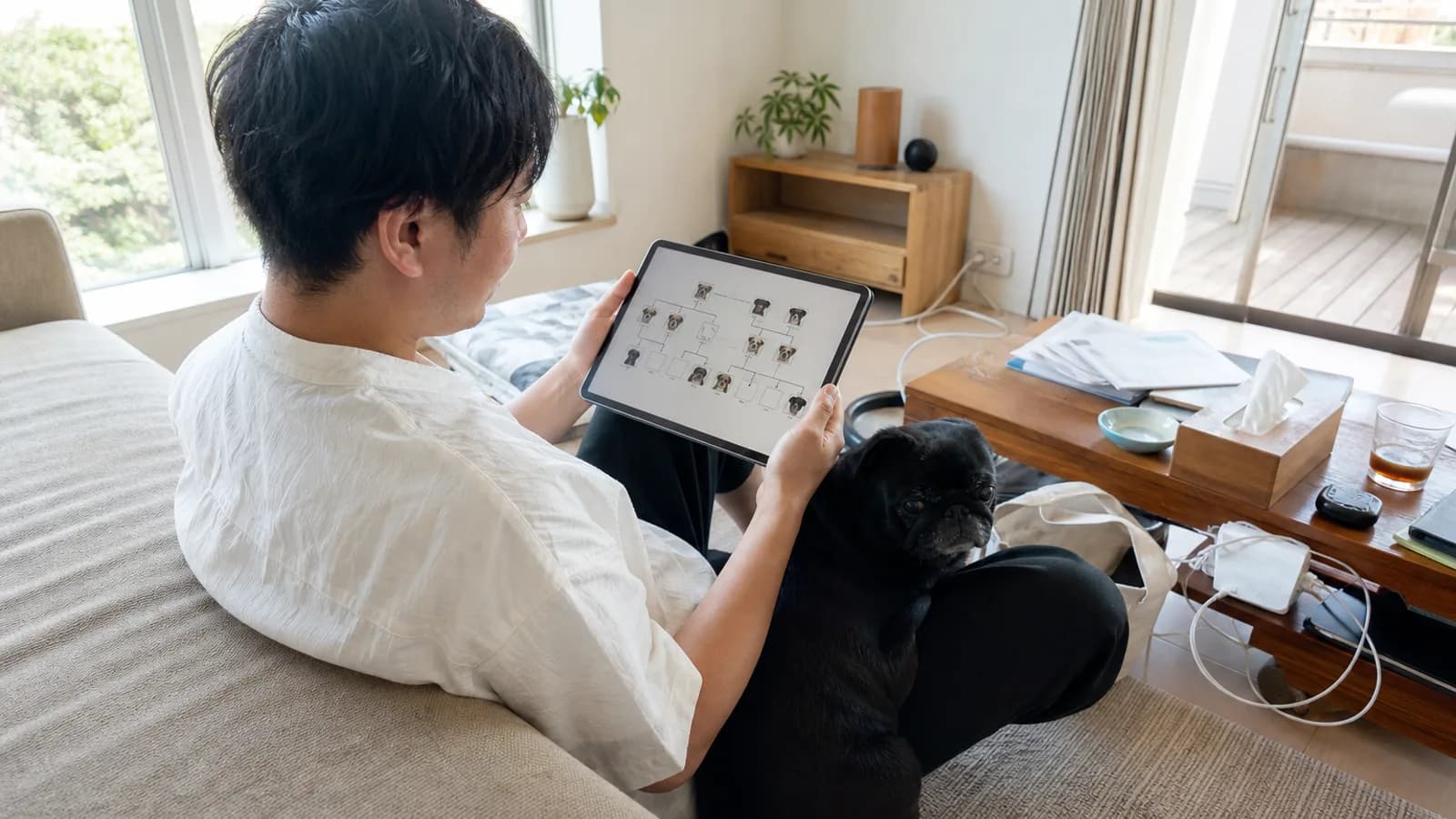床に座ってタブレットの家系図画面を見る男性と、脚に寄り添う黒いパグ