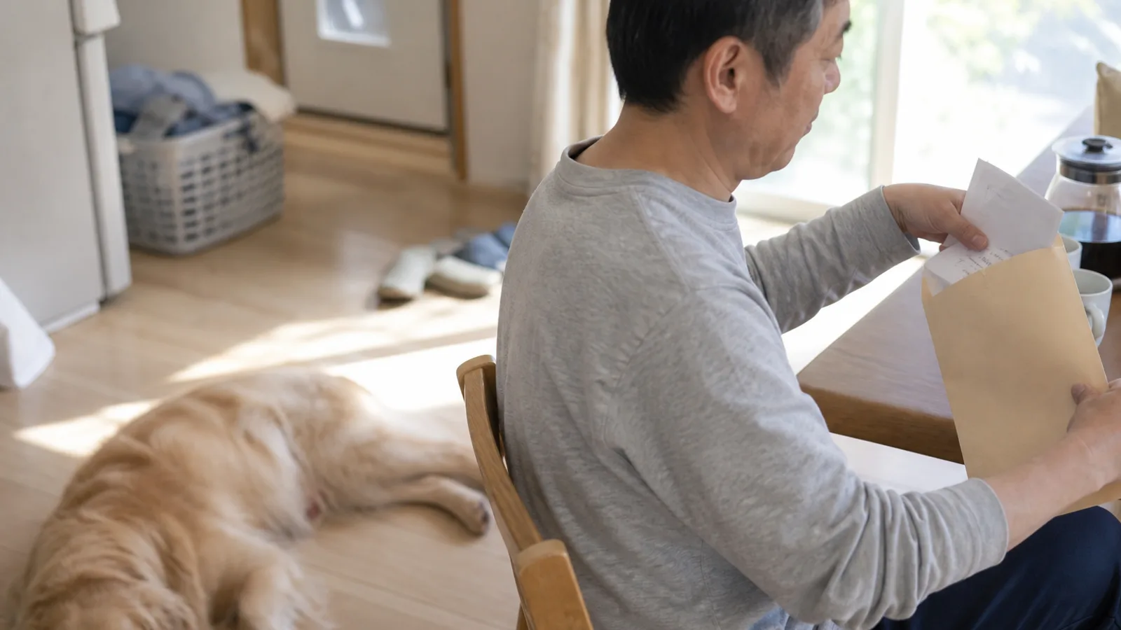 窓辺のテーブルで大きな封筒から書類を取り出す男性と、少し離れた日なたの床で横になっているゴールデン・レトリーバー