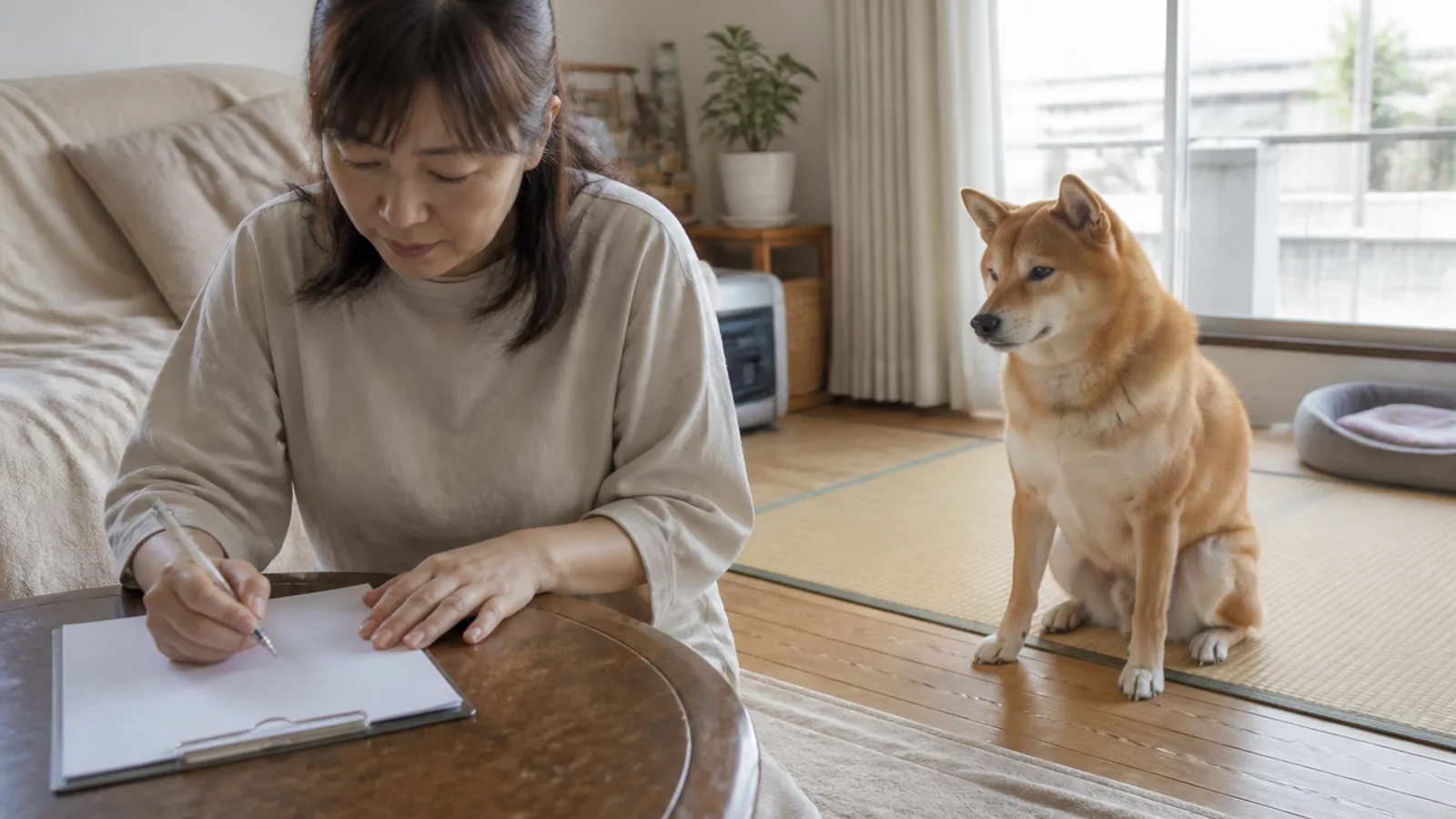 ローテーブルで用紙に記入する女性と、隣に座る成犬の柴犬