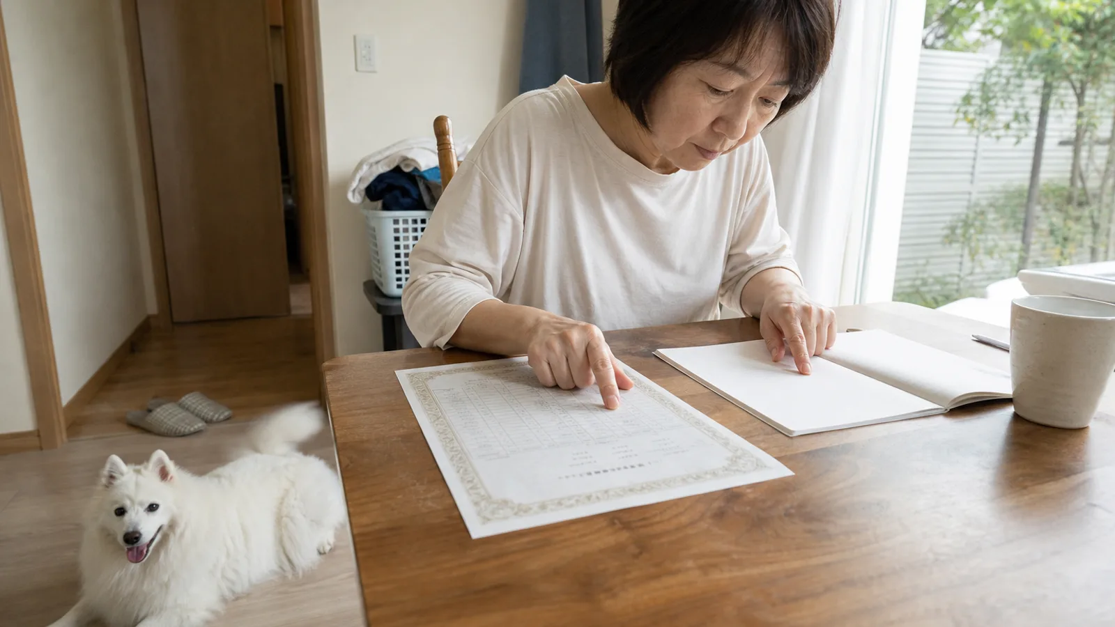 ダイニングテーブルで血統書とノートを指で1行ずつ照らし合わせる女性と、椅子の横に伏せる日本スピッツ
