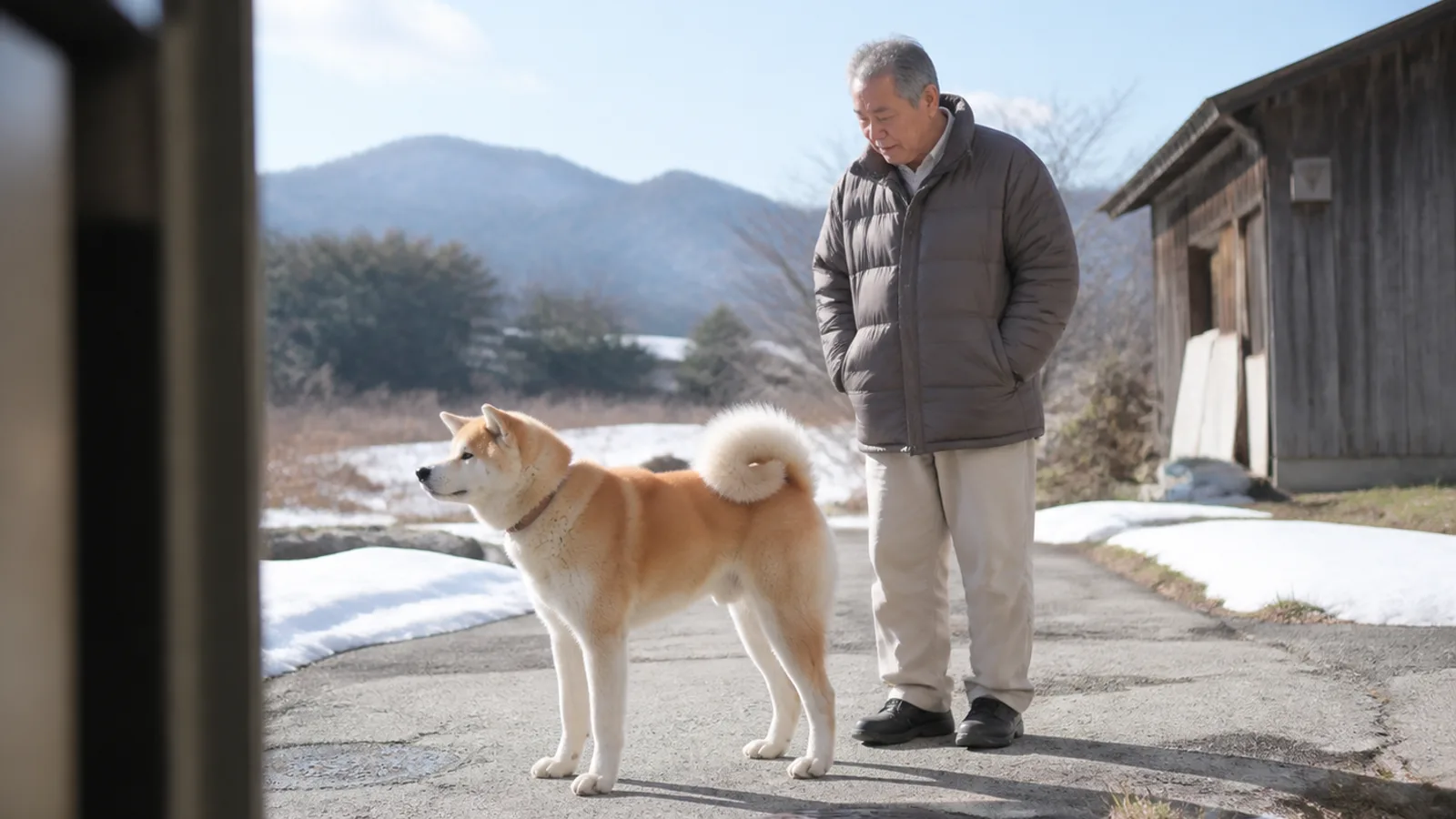 雪の残る田舎の庭で、男性のそばに立つ大型の秋田犬