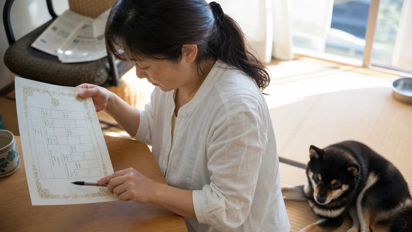 畳の部屋のローテーブルで血統書の下段をペンで指しながら読む女性と、横で伏せる黒柴