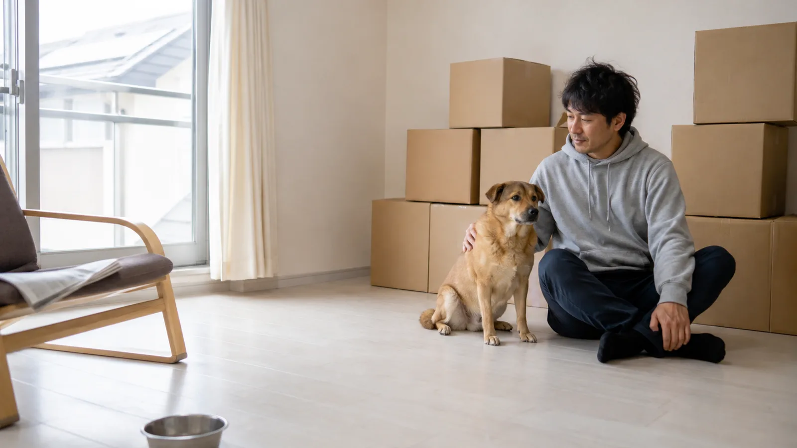 引っ越しの段ボールが積まれた部屋の床に座り、そばの短毛の中型犬の背に手を置く男性