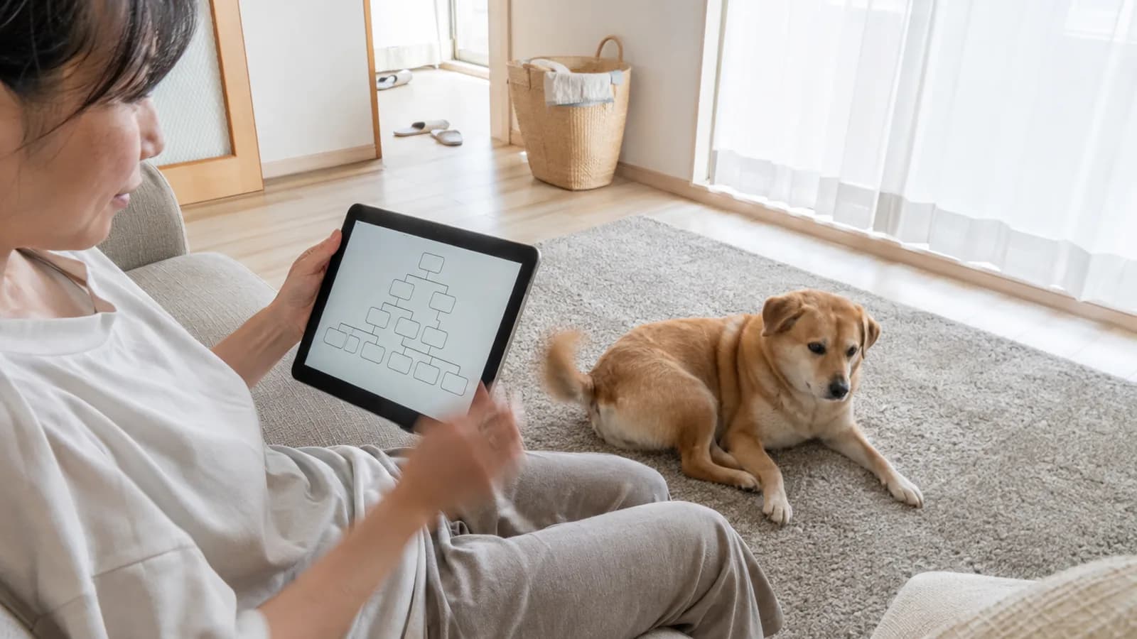 ひざにのせたタブレットの家系図の画面を見る女性と、少し離れたラグに伏せる短毛の中型犬