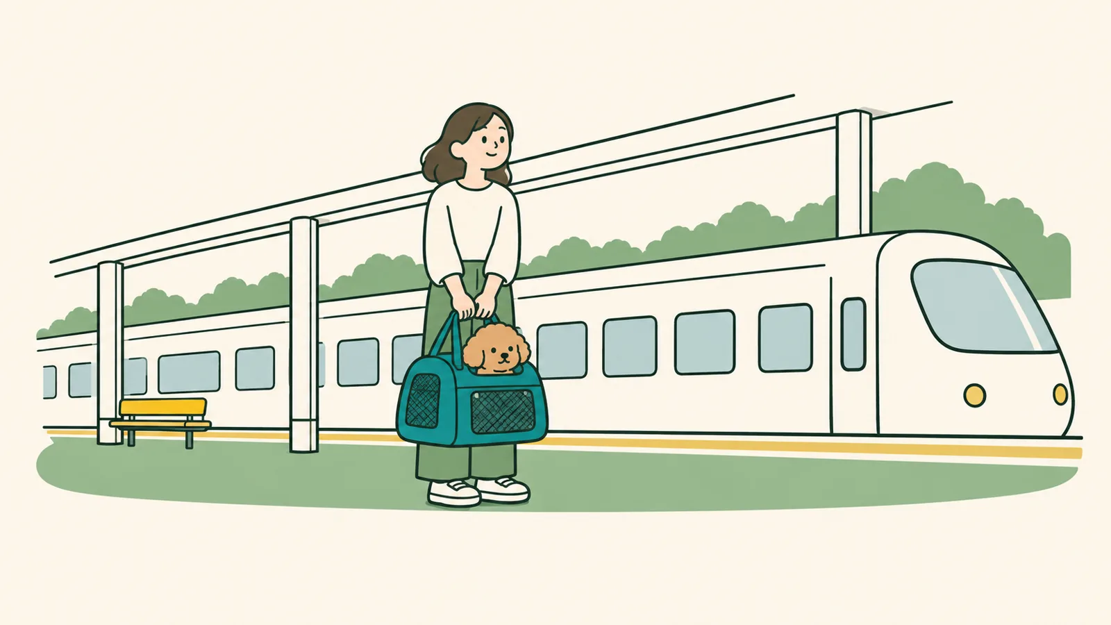 イラスト:駅のホームで、飼い主が小型犬の入った持ち手つきのケースを両手で持ち、そばに電車が止まっている