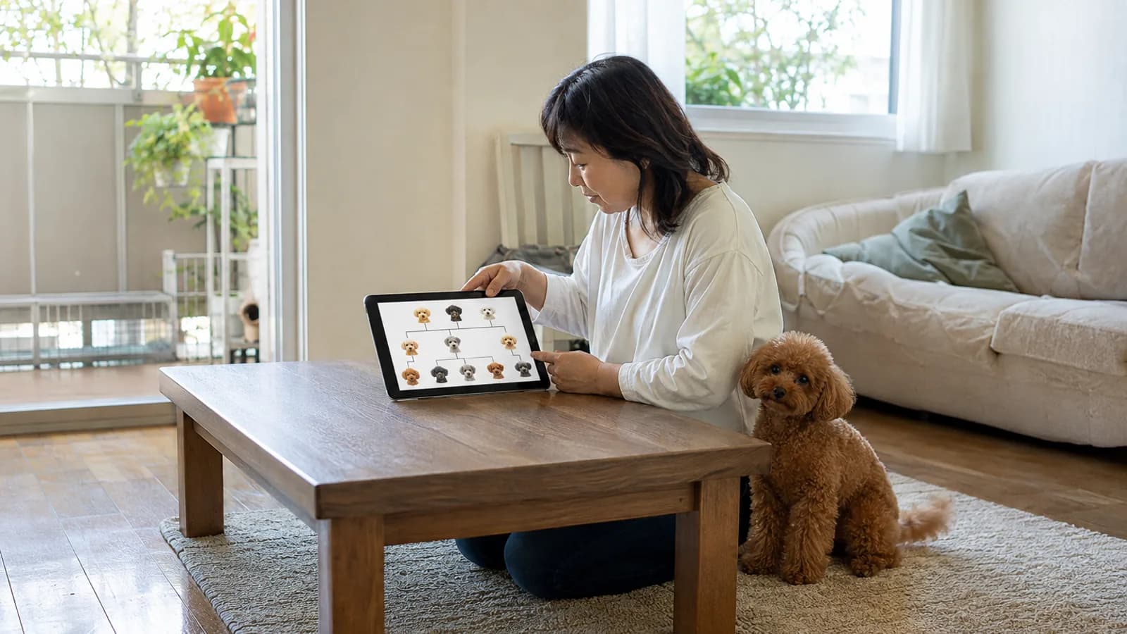 タブレットの画面で毛色の違う犬の顔写真を線でつないだ家系の図を見る女性と、隣に座る赤茶のトイプードル