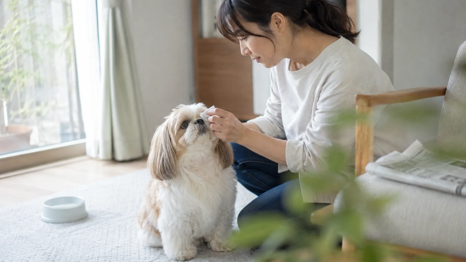 湿らせたコットンでシーズーの目のまわりをそっと拭く女性