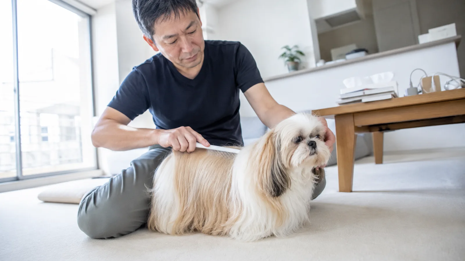 目の粗いコームでシーズーの長い被毛をとかす男性。分け目から地肌が見えている