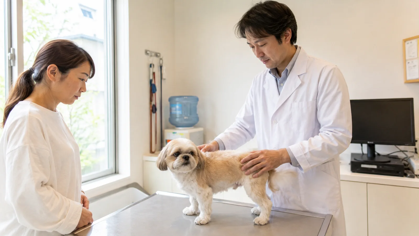 診察室で若いシーズーの背中と脇腹に両手を当てて診る白衣の獣医師と、横で見守る飼い主