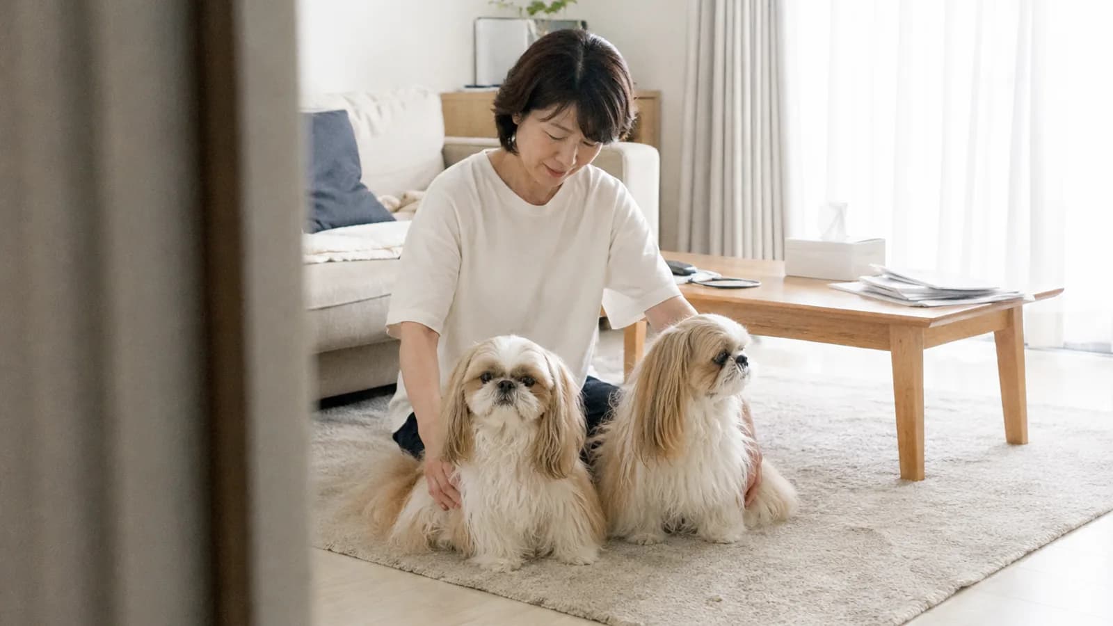 ラグに並んで座る同じ金と白の被毛のシーズー2頭と、後ろで両方に手を添える女性