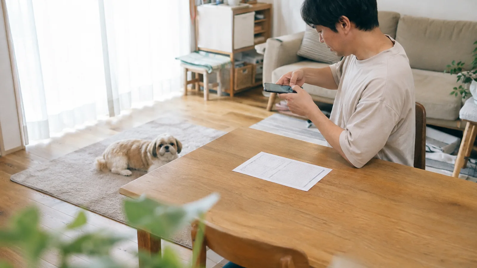 テーブルに置いた罫線だけの用紙をスマートフォンで撮る男性と、ラグに伏せるシーズー