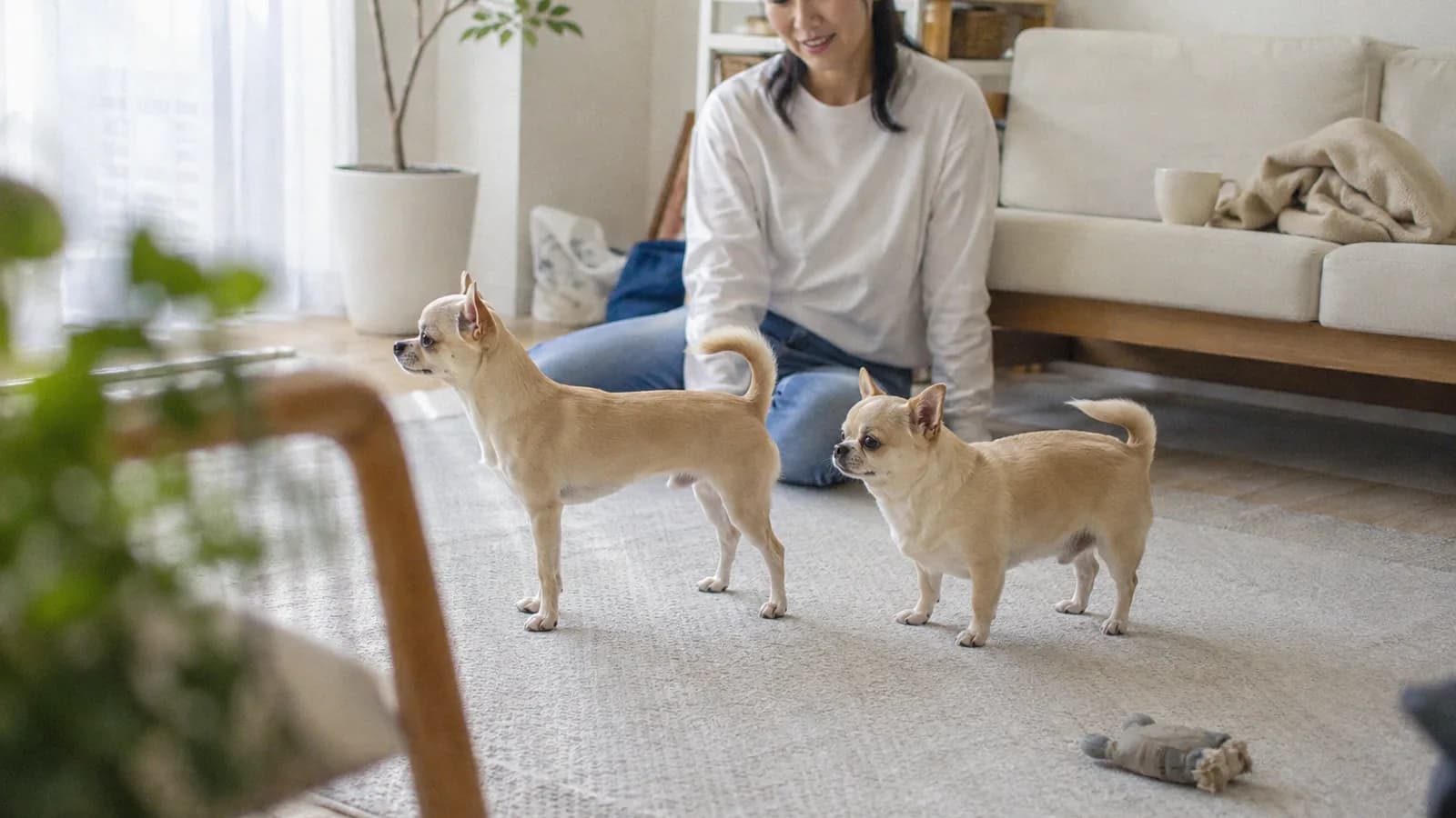 ラグに横向きで並んで立つ淡いフォーン色のチワワ2頭。左は脚が長くすらりとした体つき、右は脚が短くコンパクトな体つきで、少し後ろに座る女性