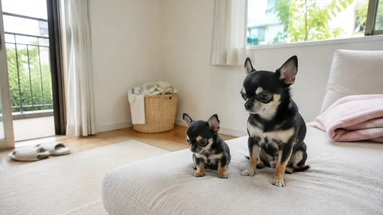 ソファのクッションに並ぶ黒地に茶のチワワ2頭。左は手のひらほどの小さな子犬、右は同じ毛色の成犬
