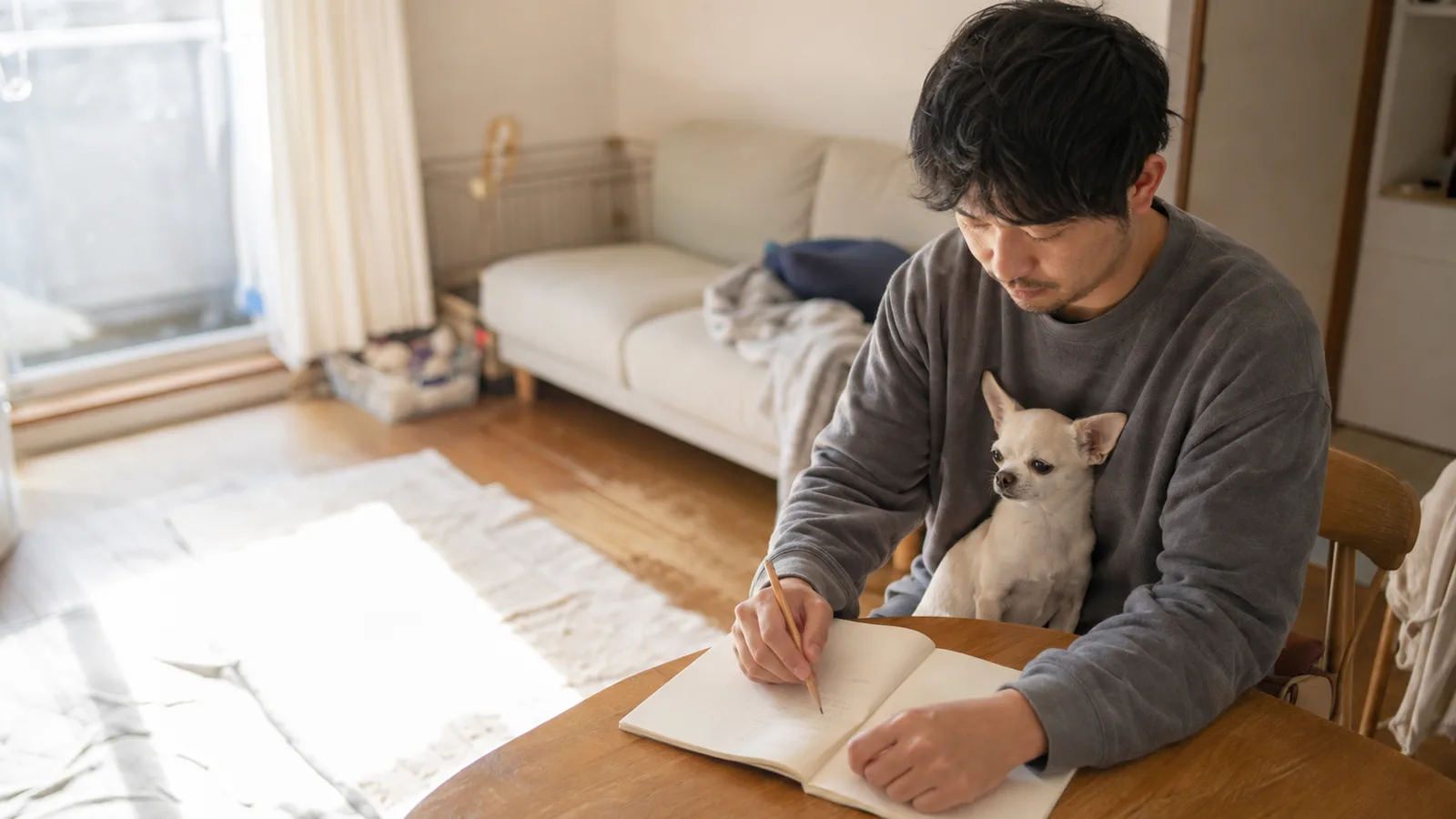 テーブルでノートに鉛筆で書き込む男性と、その膝に座る淡いフォーン色のチワワ