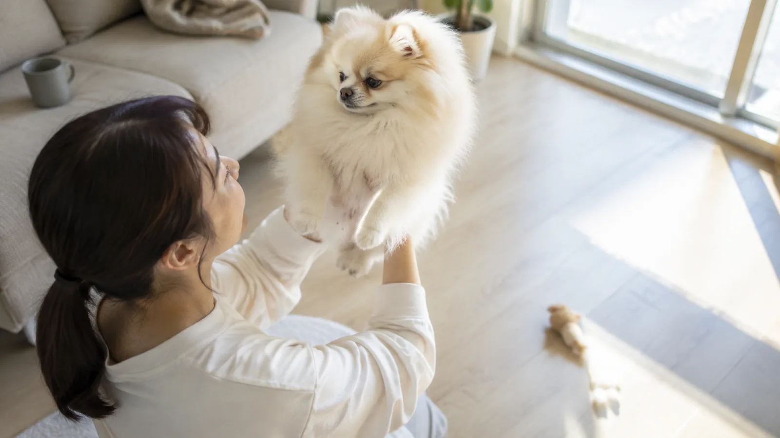 両手でクリーム色のポメラニアンを胸の高さまで抱き上げる女性。毛が広がってふくらんで見える
