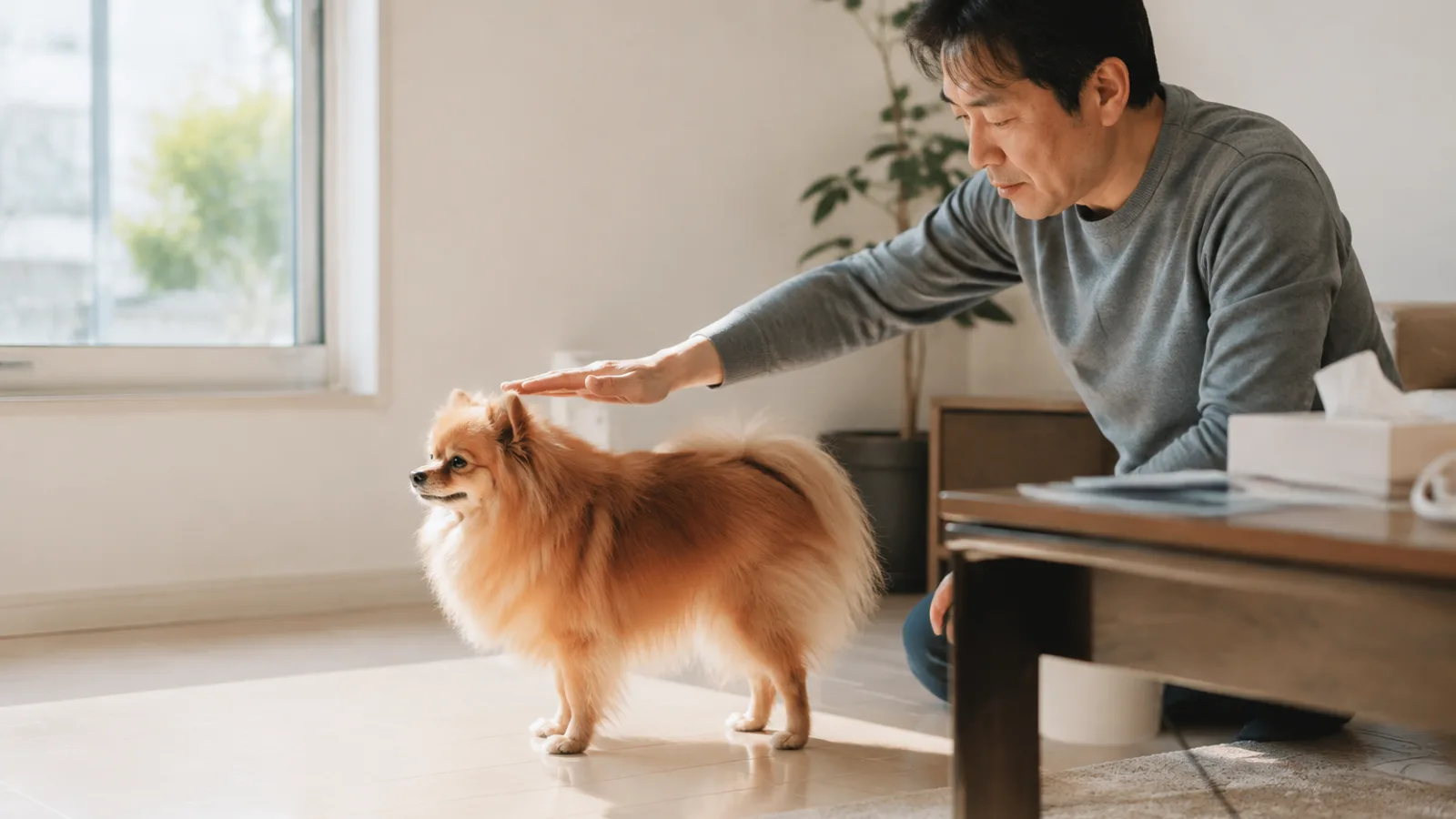 真横を向いて立つオレンジのポメラニアンの頭の上に、手のひらを水平にかざして高さを確かめる男性