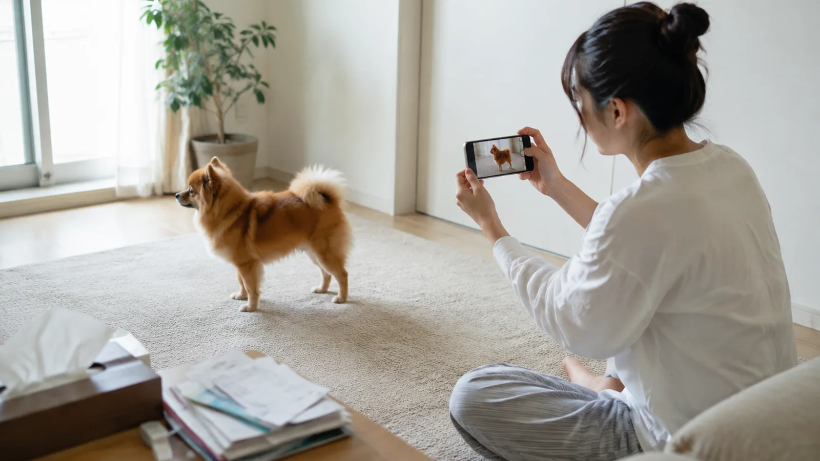 真横を向いて立つオレンジのポメラニアンを、床に座ってスマートフォンで真横から撮る女性