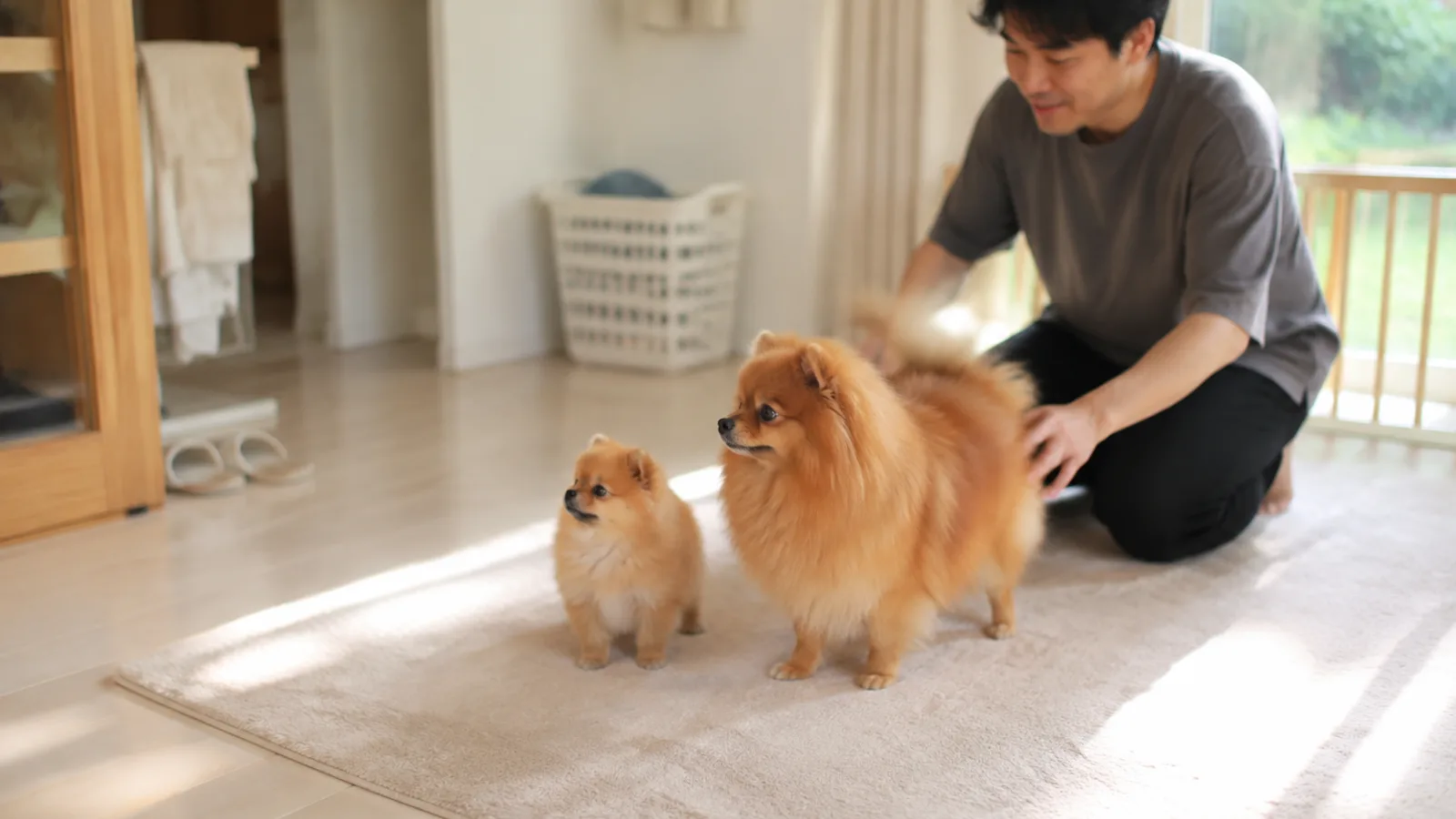 ラグに並んで立つオレンジのポメラニアン2頭。左は毛の短い小さな子犬、右は首まわりの毛が豊かな成犬で、体格の差がはっきりしている。後ろに膝をついた男性が成犬の背に手を置いている