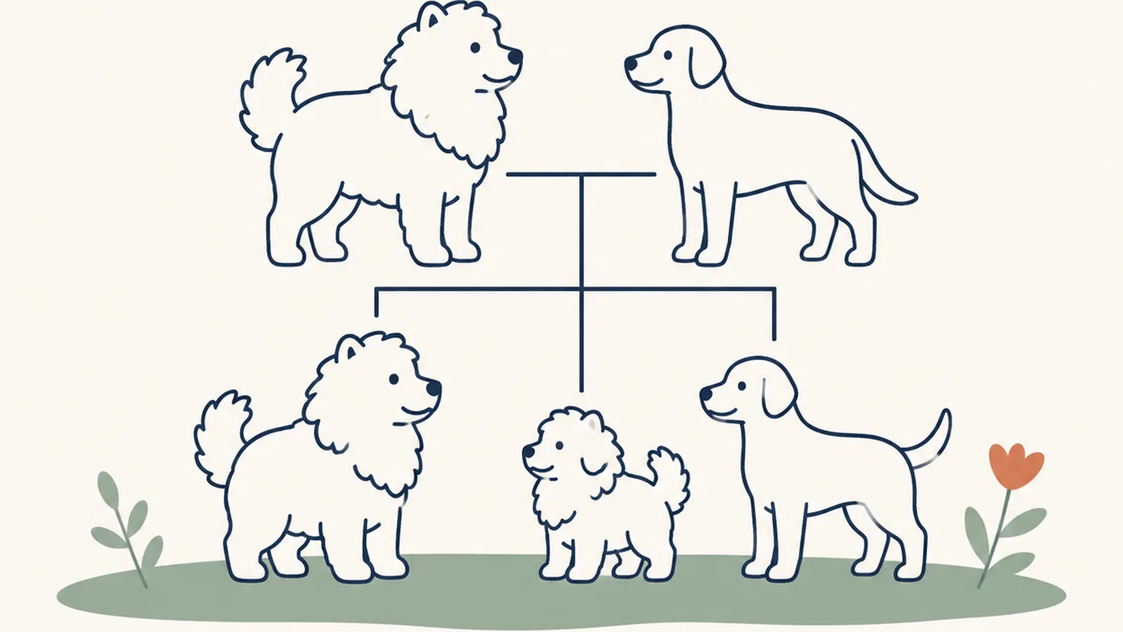 イラスト。上に並ぶ、もこもこした輪郭の成犬とすっきりした輪郭の成犬から細い線が下り、骨格の大きさと毛のふくらみの組み合わせが1頭ずつ違う3頭につながっている