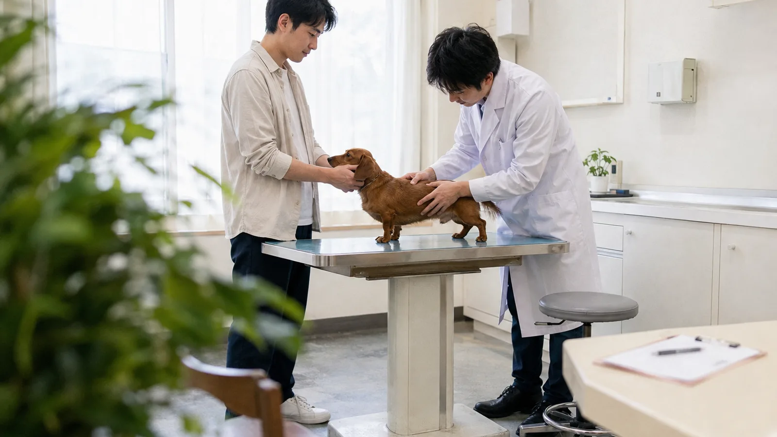 診察台に立つレッドのミニチュア・ダックスフンドの胸から腰を両手で触れて確かめる獣医師と、頭側で犬を落ち着かせる男性