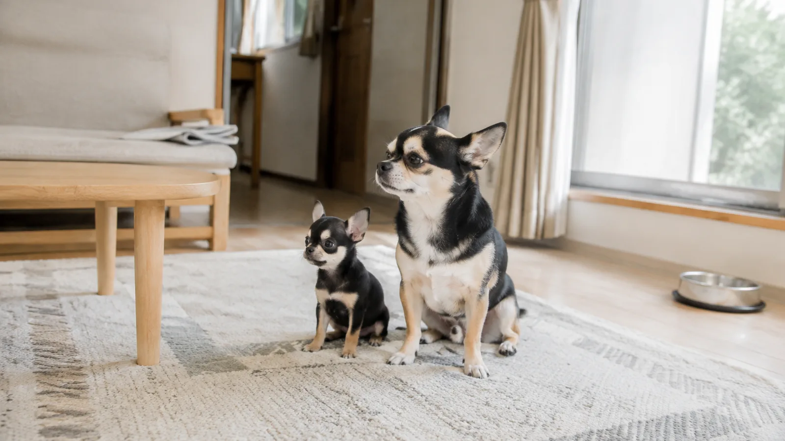 ラグの上に並んで座るブラック&タンのチワワの子犬と成犬。成犬のほうがタンの部分が広い