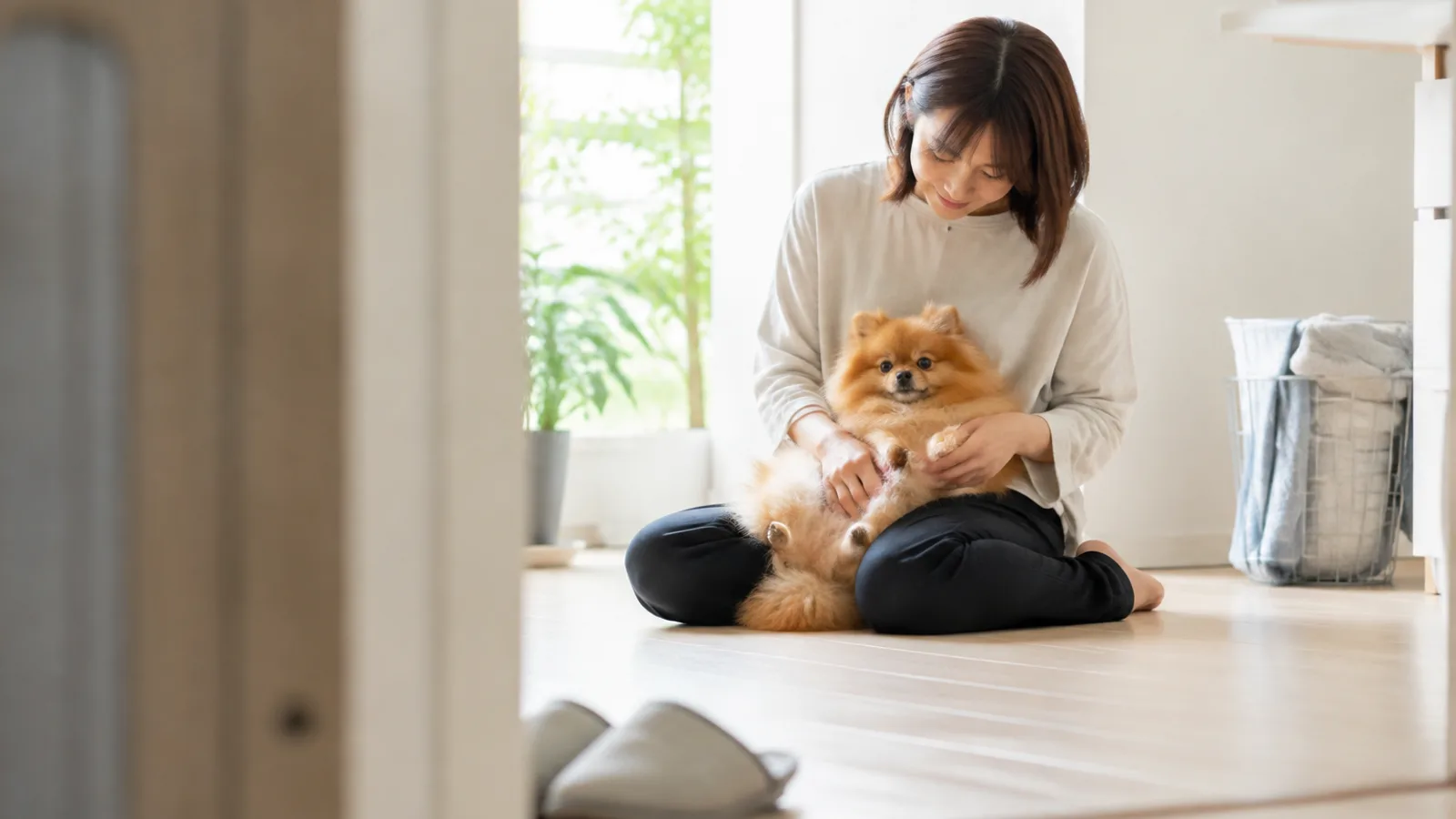 膝の上に座るオレンジのポメラニアンの後ろ足にそっと手を添える女性