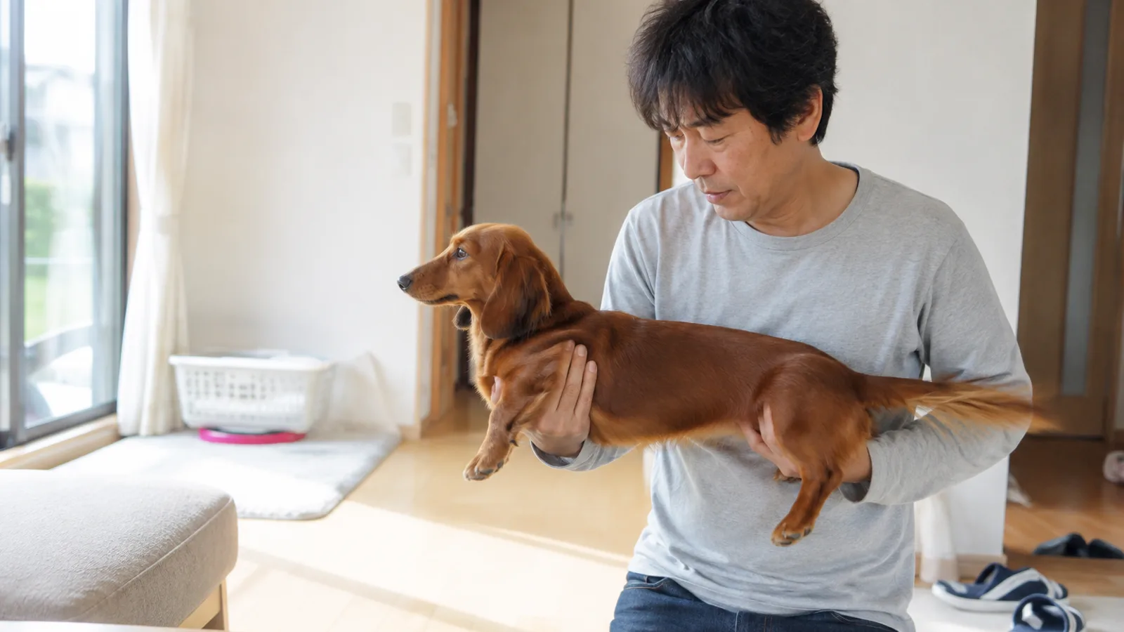 胸とおしりを両腕で支えて背中を水平に保ったままレッドのロングコートのミニチュア・ダックスフンドを抱き上げる男性
