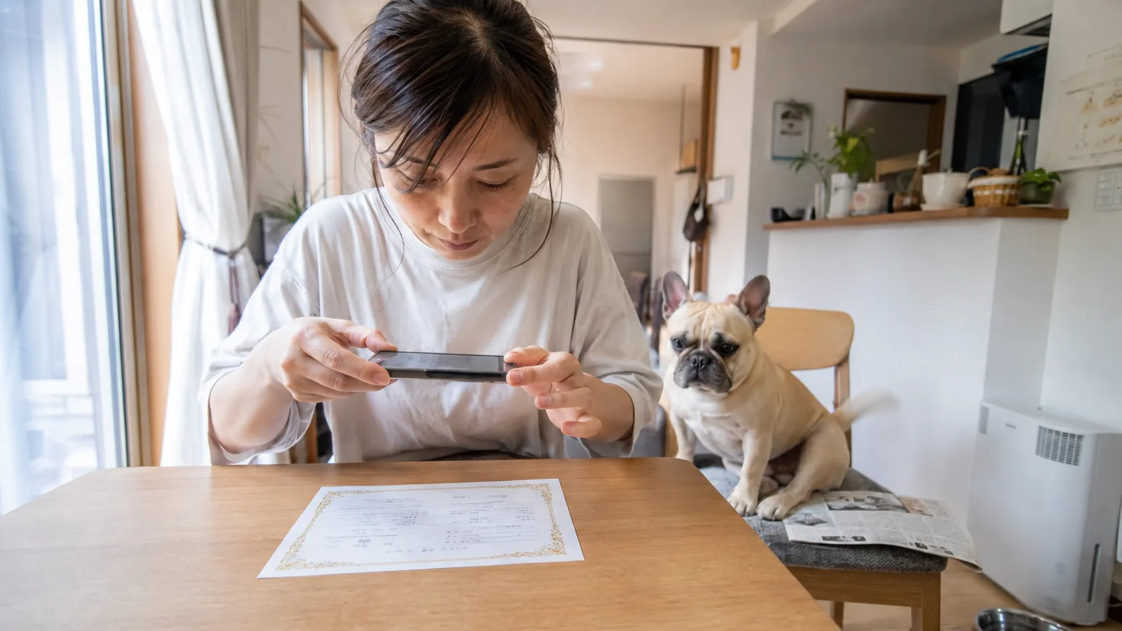 テーブルに置いた血統書にスマートフォンのカメラを真上から向けて撮る女性と、隣の椅子に座るフォーンのフレンチ・ブルドッグ